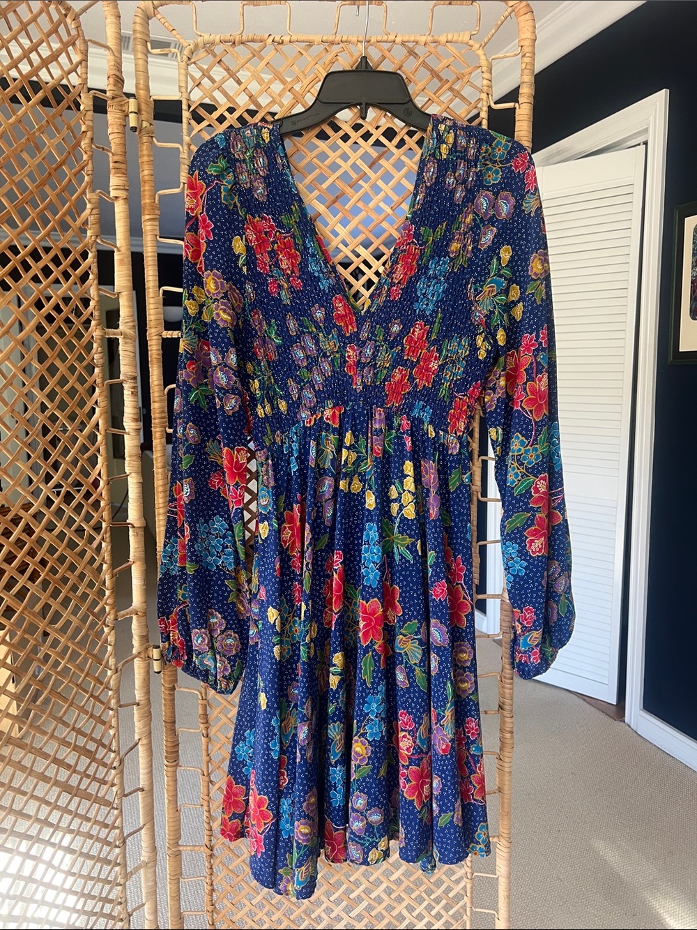 Floral V-Neck Smocked Waist Dress - Navy Multi